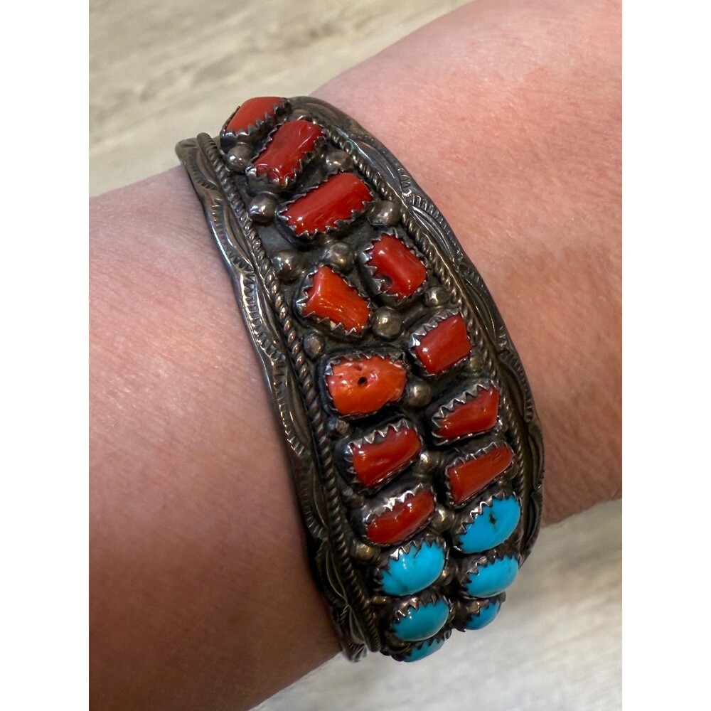 Navajo Yellowhorse Turquoise Coral Sterling Silver Cuff Bracelet Native American - Picture 4 of 16